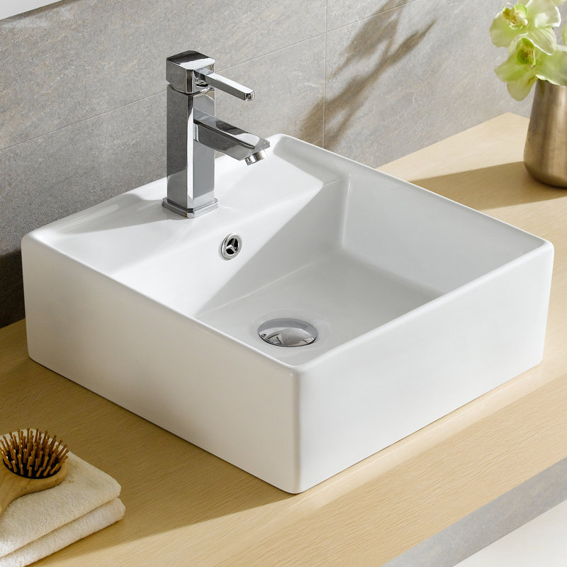 Fine Fixtures Modern Ceramic Square Vessel Bathroom Sink with Overflow